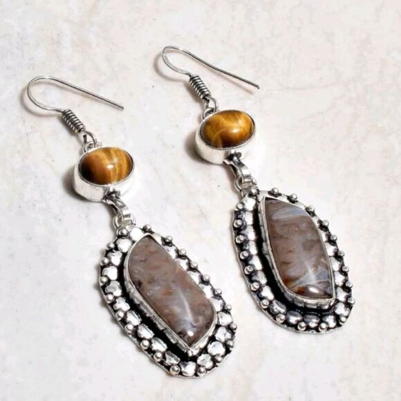 Stick Agate Tiger Eye Handmade Drop Dangle Earrings Jewelry 2.56" - Picture 1 of 1